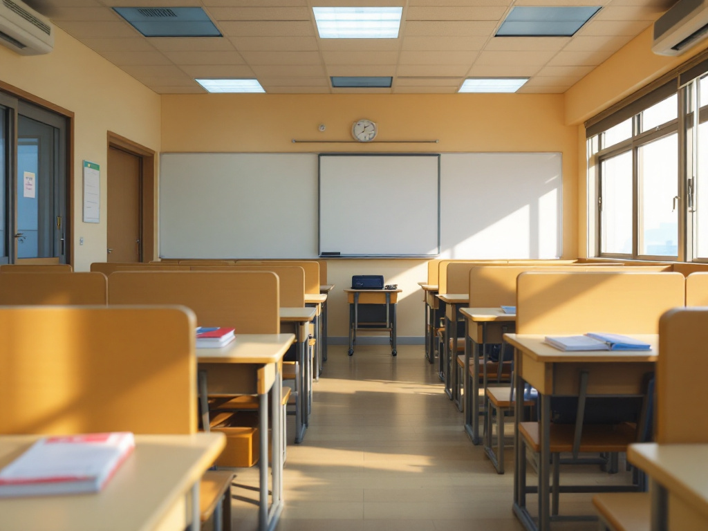 夕方の学習塾の教室。仕切りのある机が並び、前方にホワイトボードがある