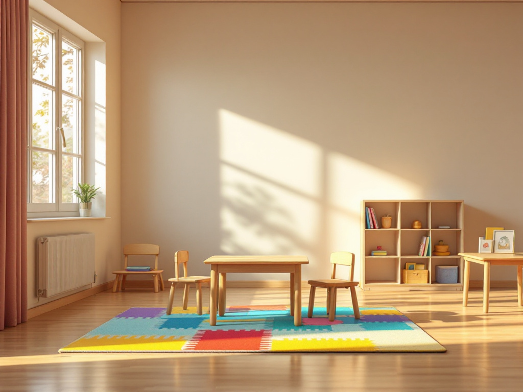 子ども用の低い机と椅子が置かれた明るい部屋。床に色のついたマットが敷かれ、奥に絵本の並んだ低い棚がある。人物は写っていない