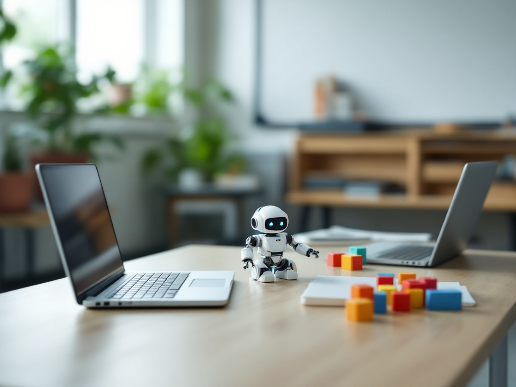 教室の机に開いたノートパソコン2台と、学習用の小型ロボット、色のついたブロックが置かれている。画面は消えていて、人物は写っていない