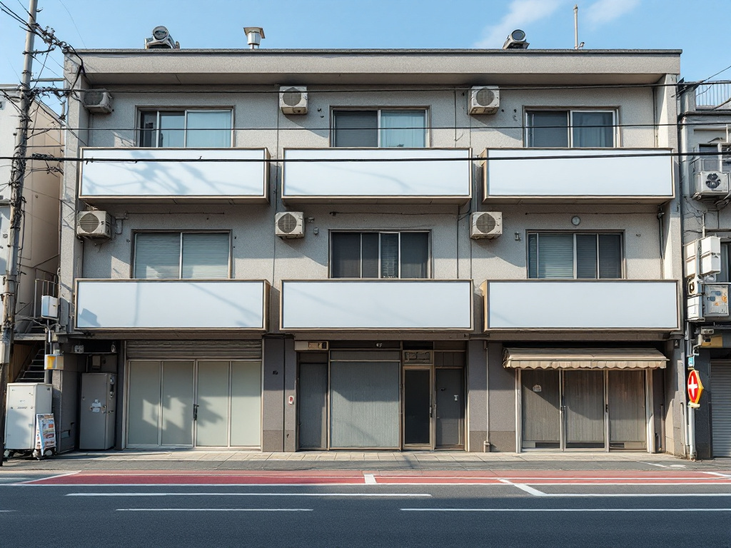 複数のテナントが入る3階建ての建物を通り側から見た外観。看板は無地