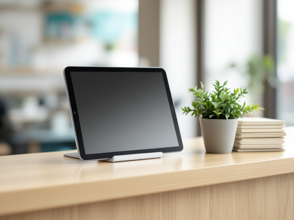 受付カウンターに置かれたスタンド付きのタブレット端末。画面は消えている